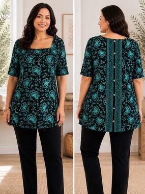 J Jill Wearever Button Back Top 4X Floral Teal Tunic Stretch Flowy Boho NWT